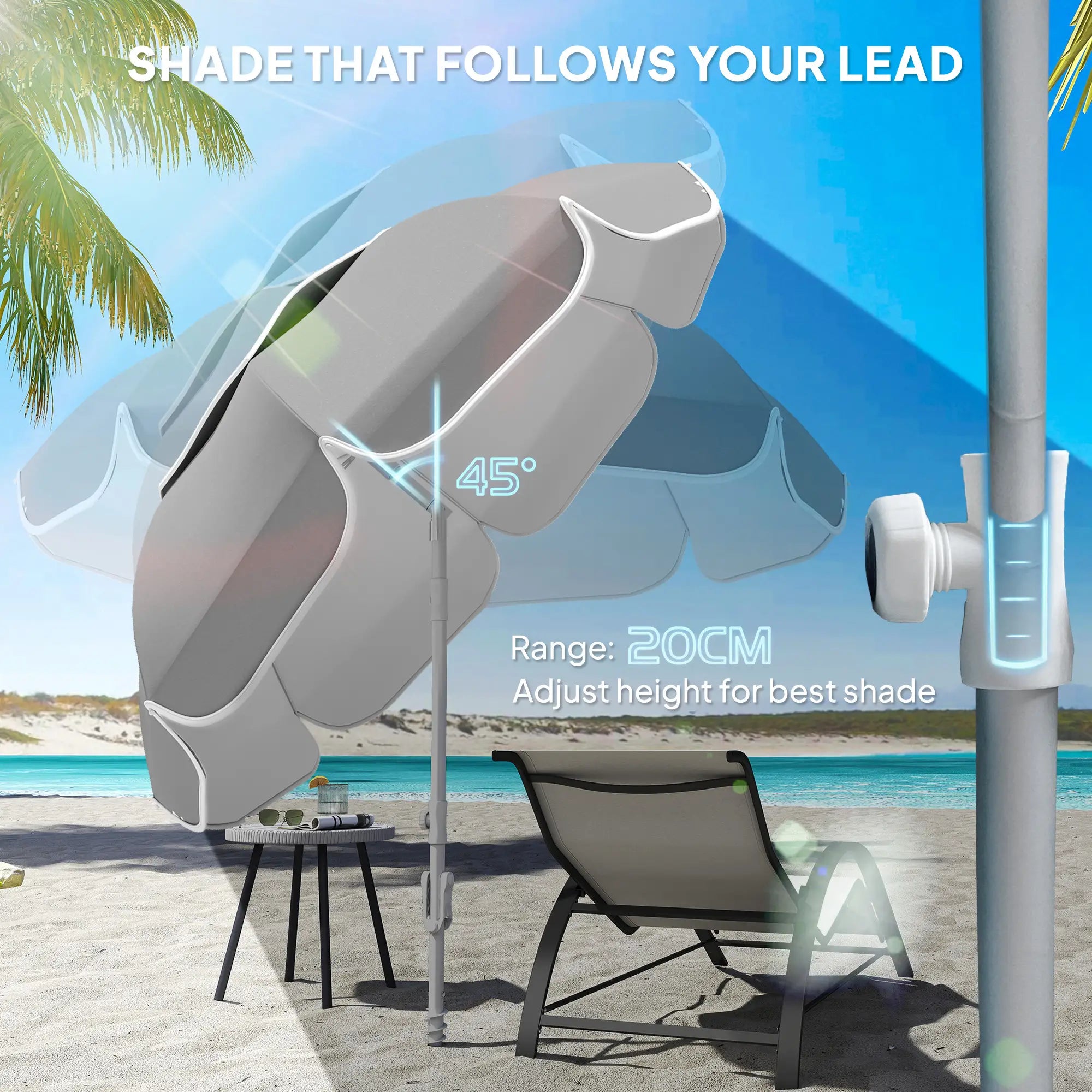 6 ft Portable Beach Umbrella, Sand Anchor, Carry Bag, Adjustable, UPF50+, Grey Beach Umbrellas at Gallery Canada