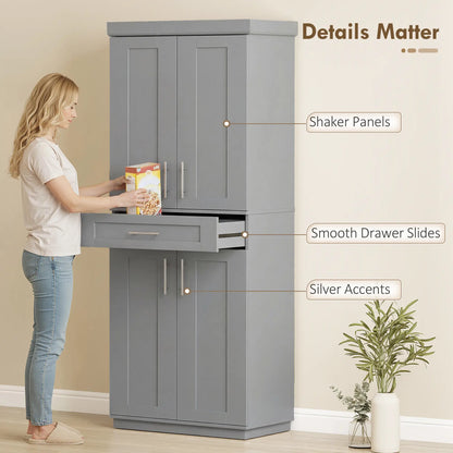 72" Storage Cabinet, Freestanding Kitchen Pantry Cabinet with 4 Doors, Drawer and 3 Adjustable Shelves, Grey Kitchen Pantry Cabinets at Gallery Canada