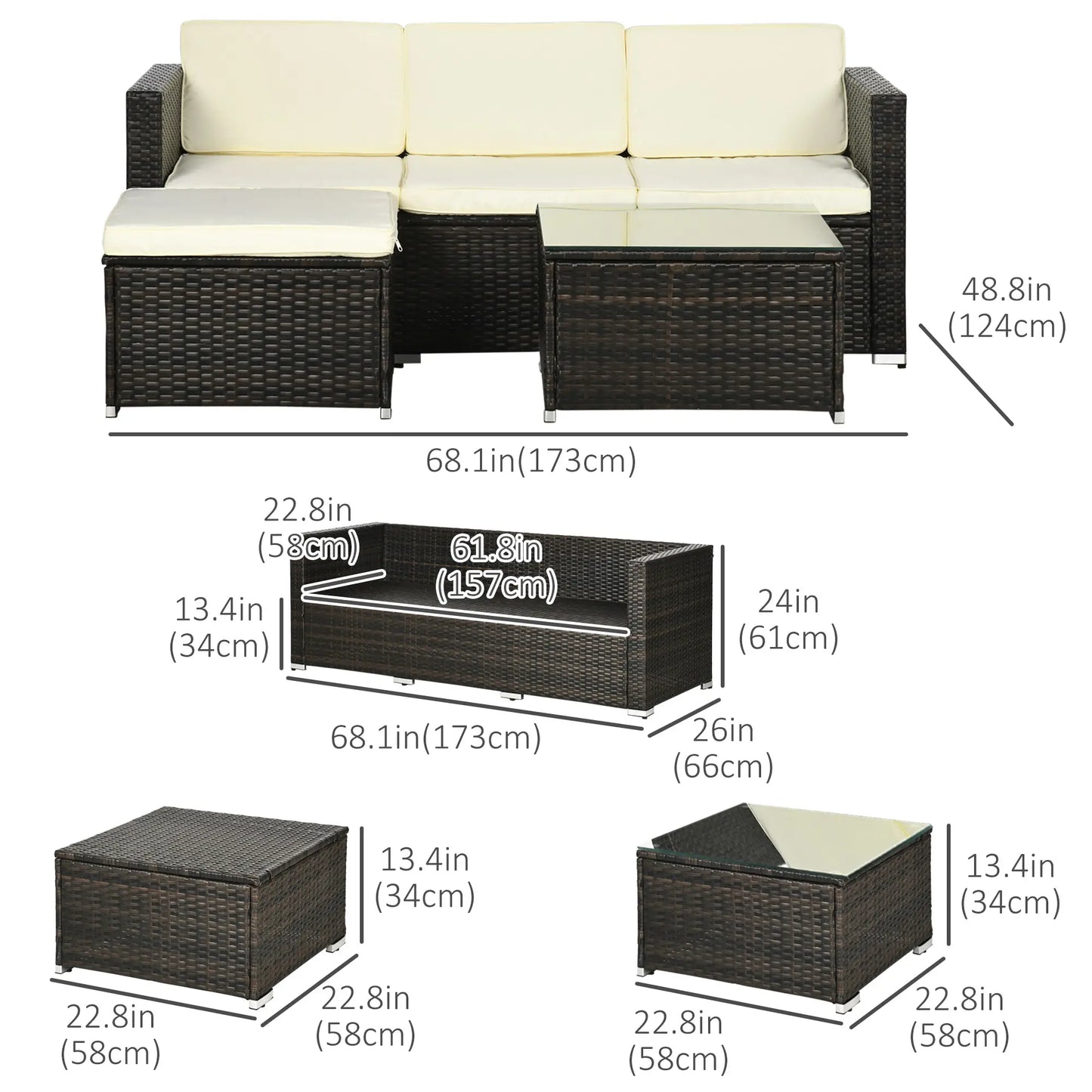 3-Piece Patio Set with Cushions, PE Rattan Sofa, Glass Table, Cream White Patio Furniture Sets at Gallery Canada