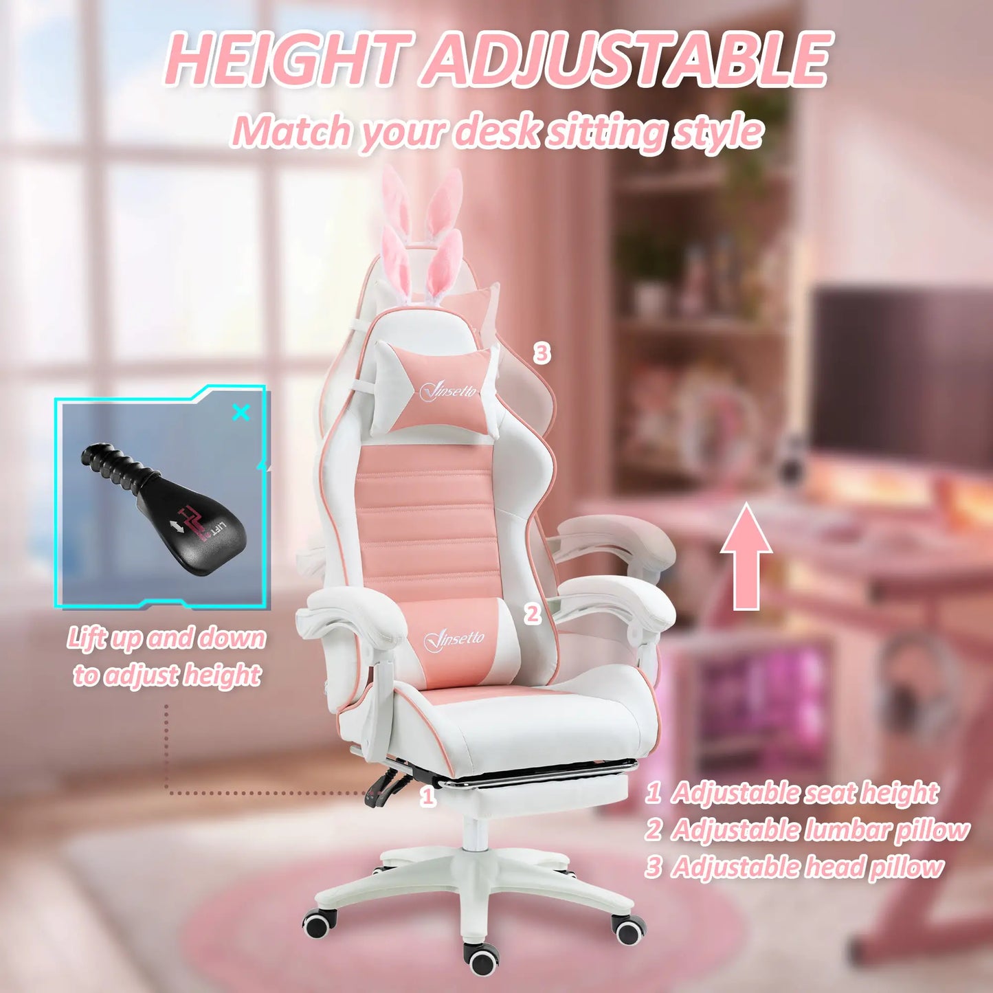 Racing Gamer Chair, PU Leather with Footrest, Headrest, Lumbar Support, Pink Video Game Chairs at Gallery Canada