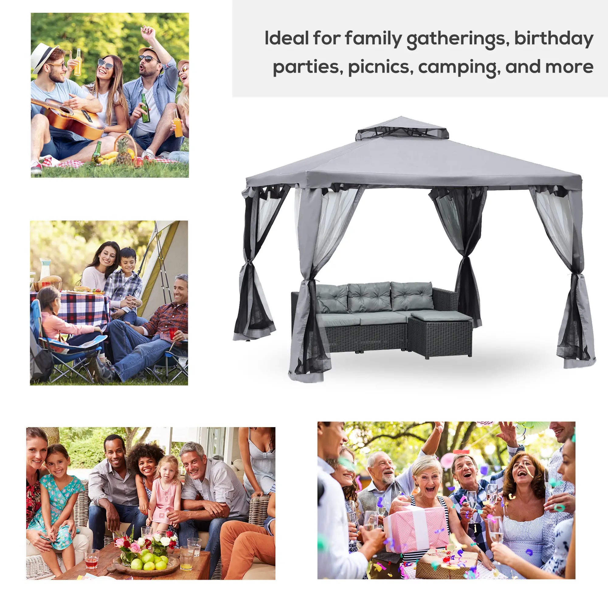 10' x 10' Gazebo, Steel Frame, Mosquito Netting, Grey Gazebos at Gallery Canada