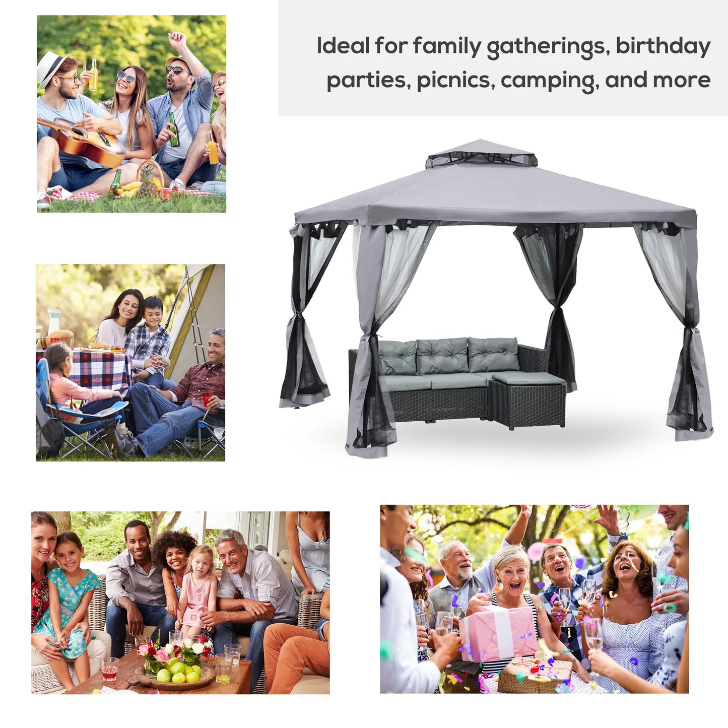 10' x 10' Gazebo, Steel Frame, Mosquito Netting, Grey Gazebos at Gallery Canada