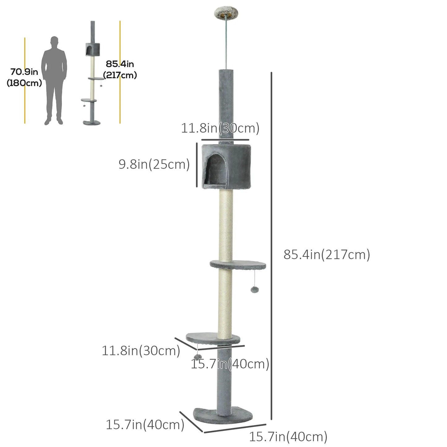 4-Tier Floor to Ceiling Cat Tree, Scratching Post, Plush, Toy Ball, Light Grey Floor to Ceiling Cat Trees at Gallery Canada