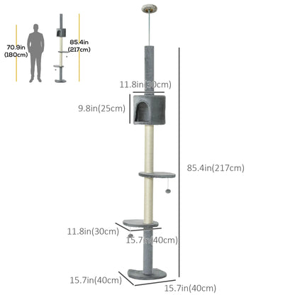4-Tier Floor to Ceiling Cat Tree, Scratching Post, Plush, Toy Ball, Light Grey Floor to Ceiling Cat Trees at Gallery Canada