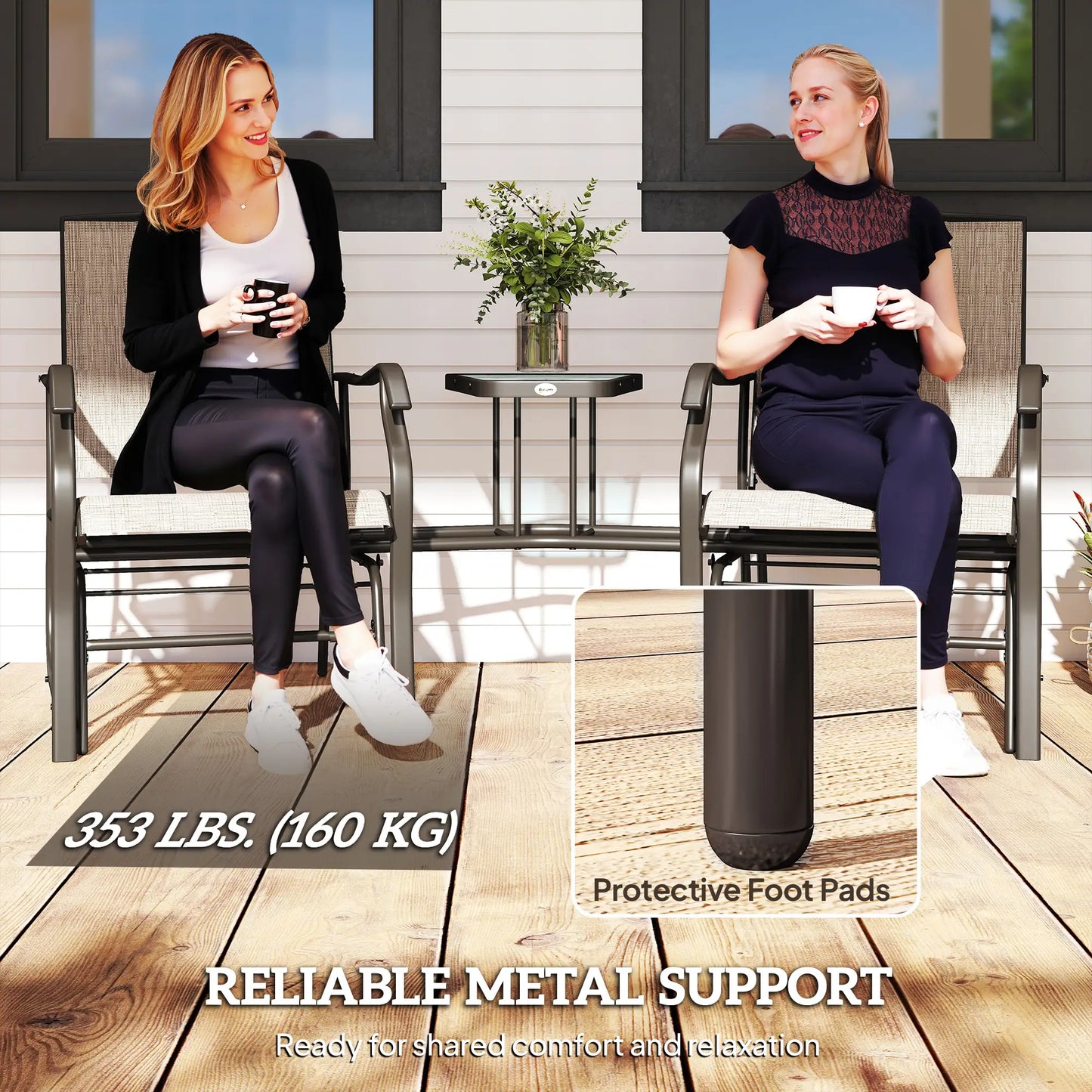 Double Patio Glider Chair, Glass Top Table, All Weather Mesh, Light Brown Outdoor Gliders at Gallery Canada
