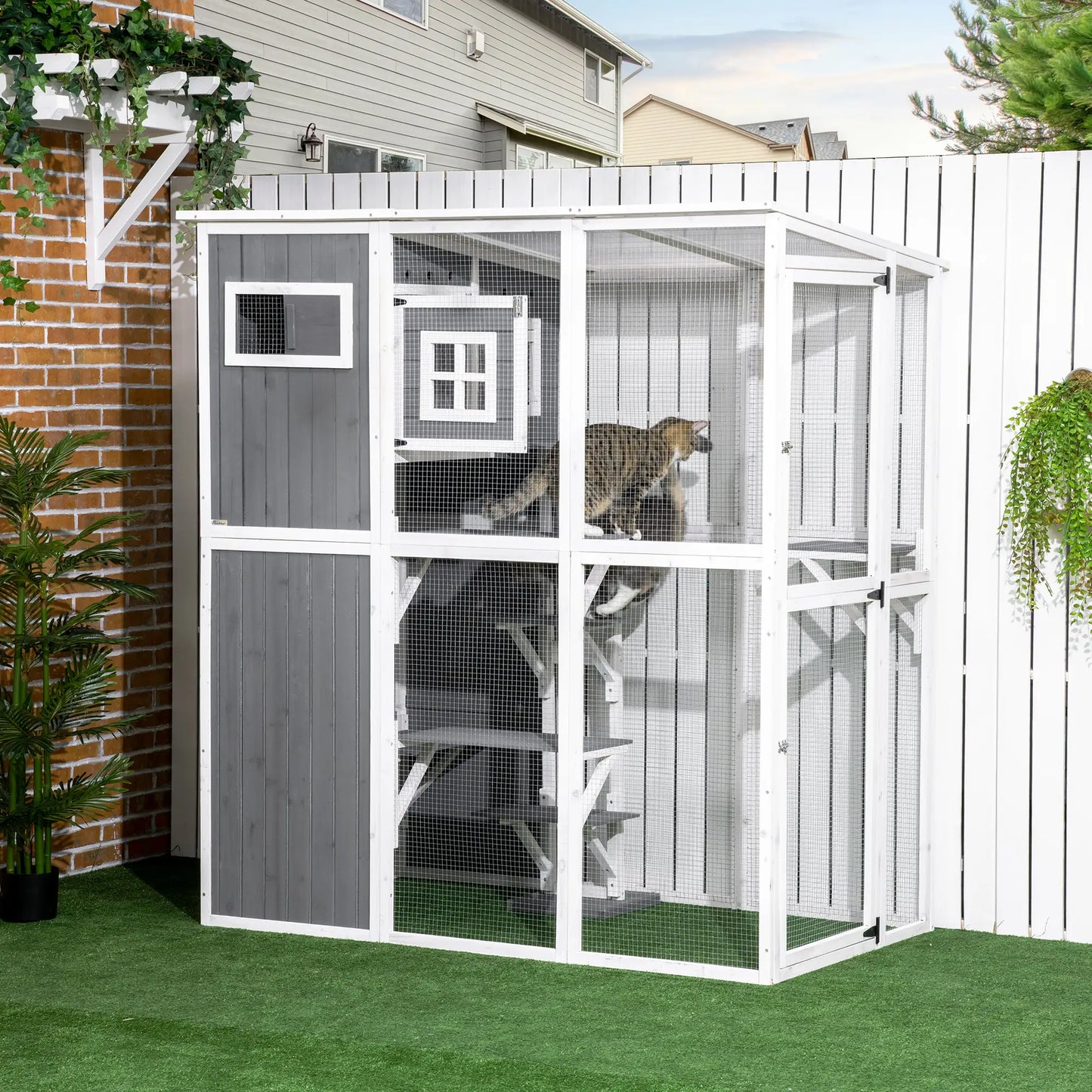 Wooden Cat Catio, 66.5"L Outdoor Cat House, PVC Roof, Multiple Platforms Outdoor Cat Enclosures at Gallery Canada