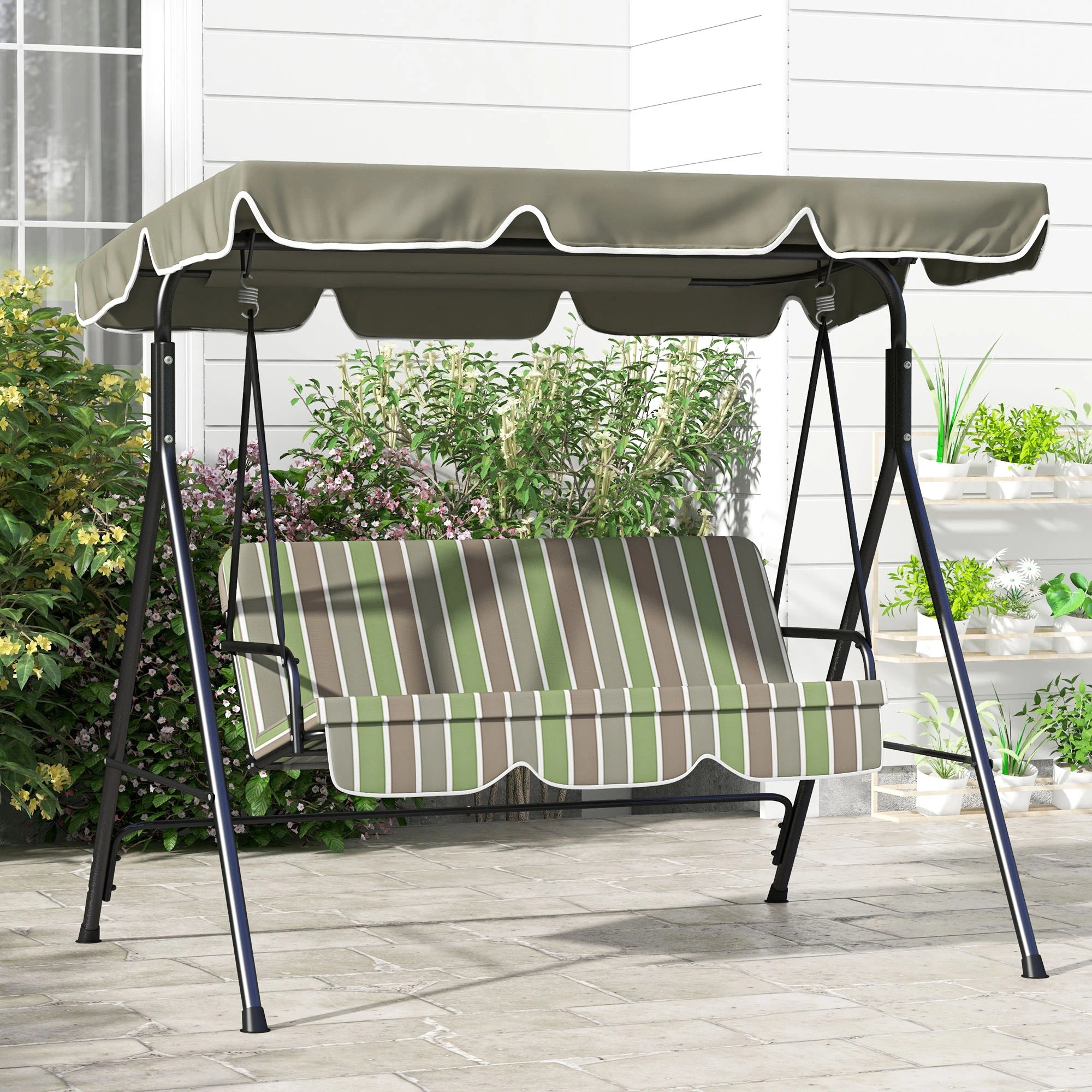 3-Seater Outdoor Porch Swing, Adjustable Canopy, Brown, Green Patio Swings with Stand at Gallery Canada