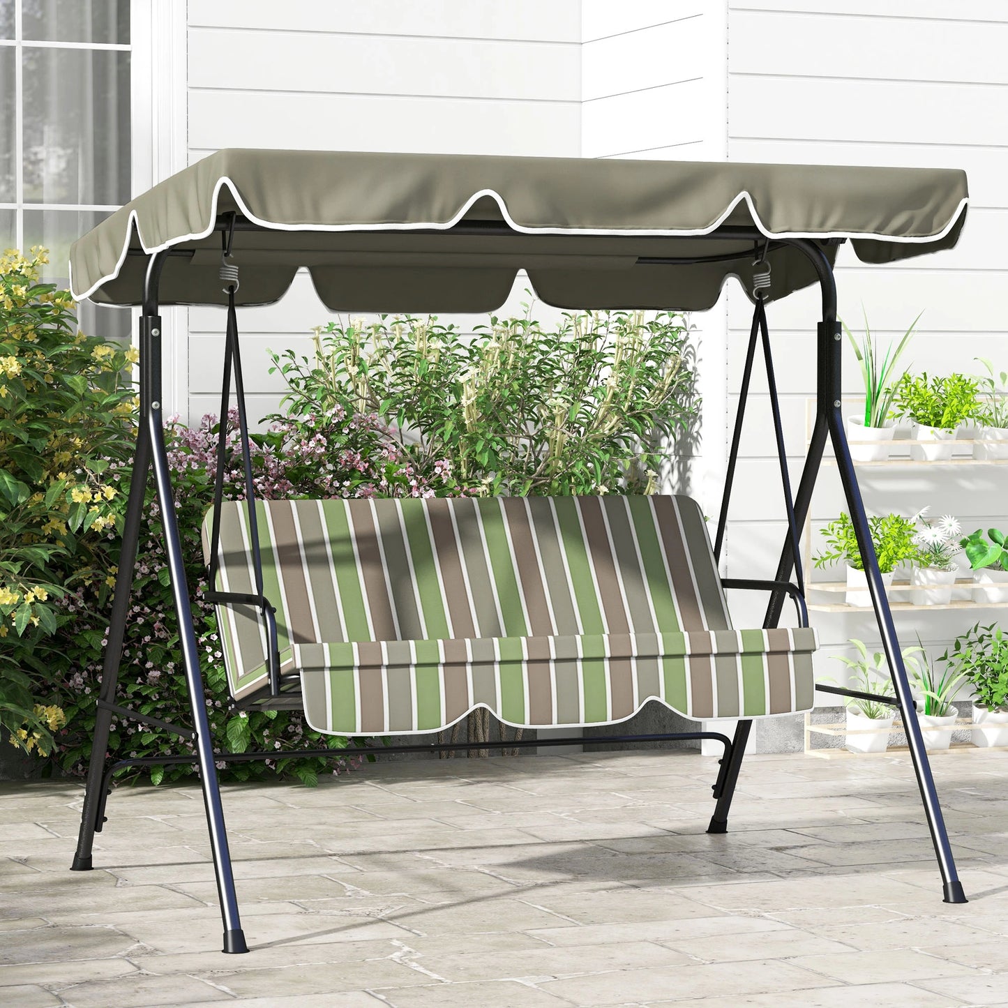 3-Seater Outdoor Porch Swing, Adjustable Canopy, Brown, Green Patio Swings with Stand at Gallery Canada