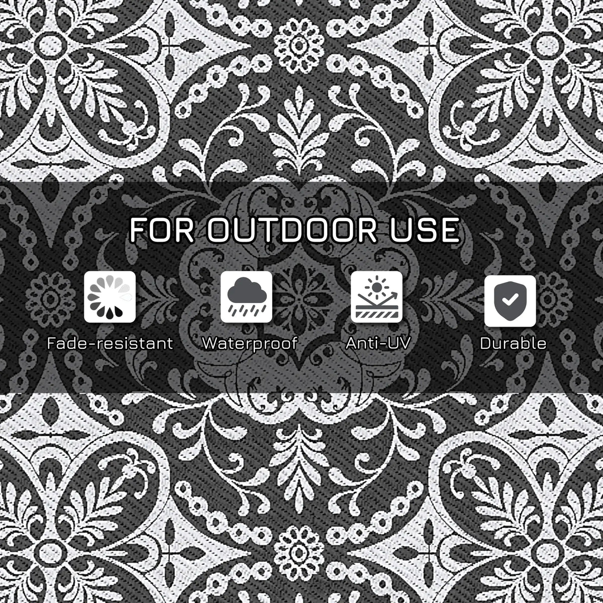 Portable Outdoor Rug with Carry Bag, 9' x 18', Waterproof, White Flower, Gray Outdoor Reversible Rugs at Gallery Canada