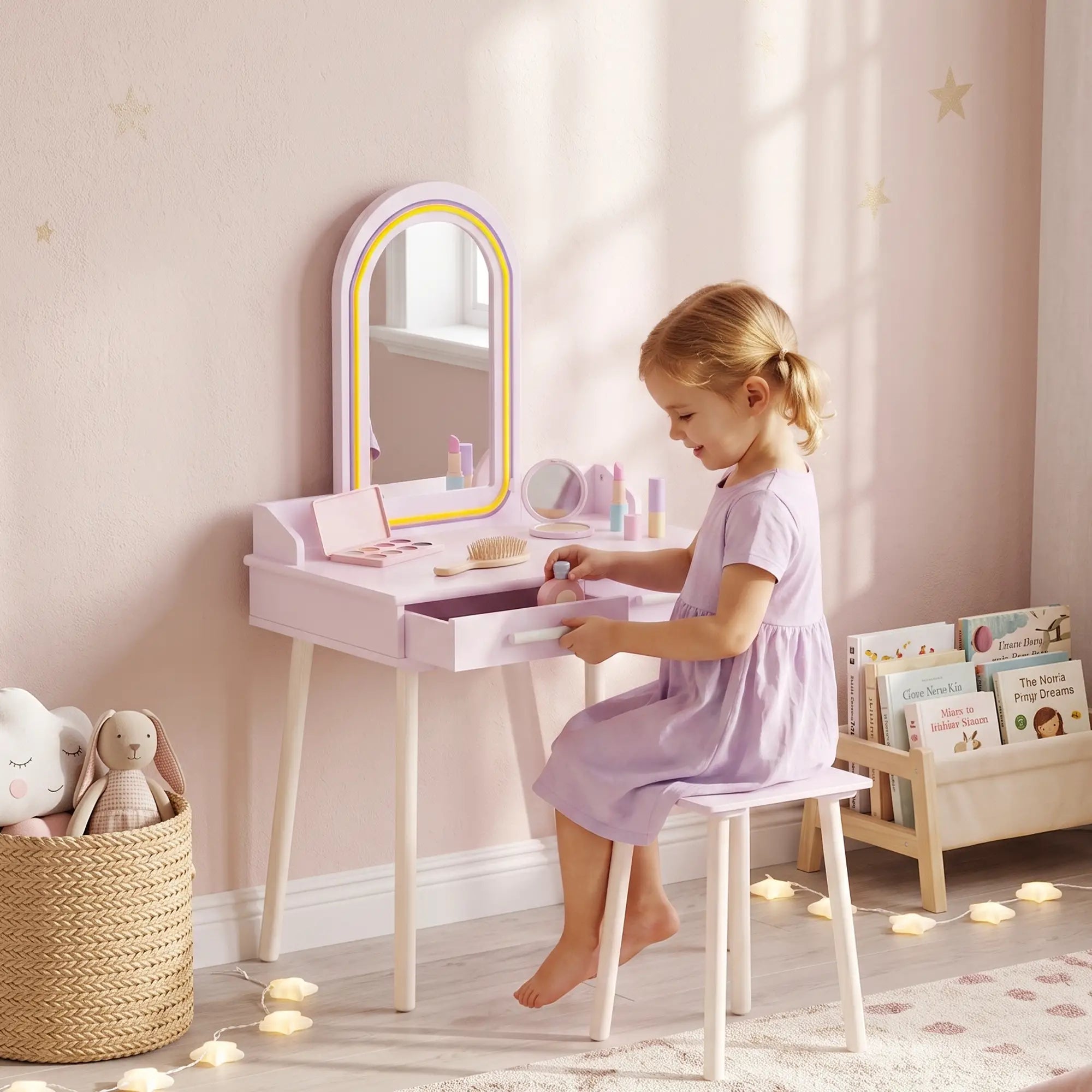 Kids Vanity Set with Stool, LED Mirror, Pink Kids Bedroom Furniture at Gallery Canada