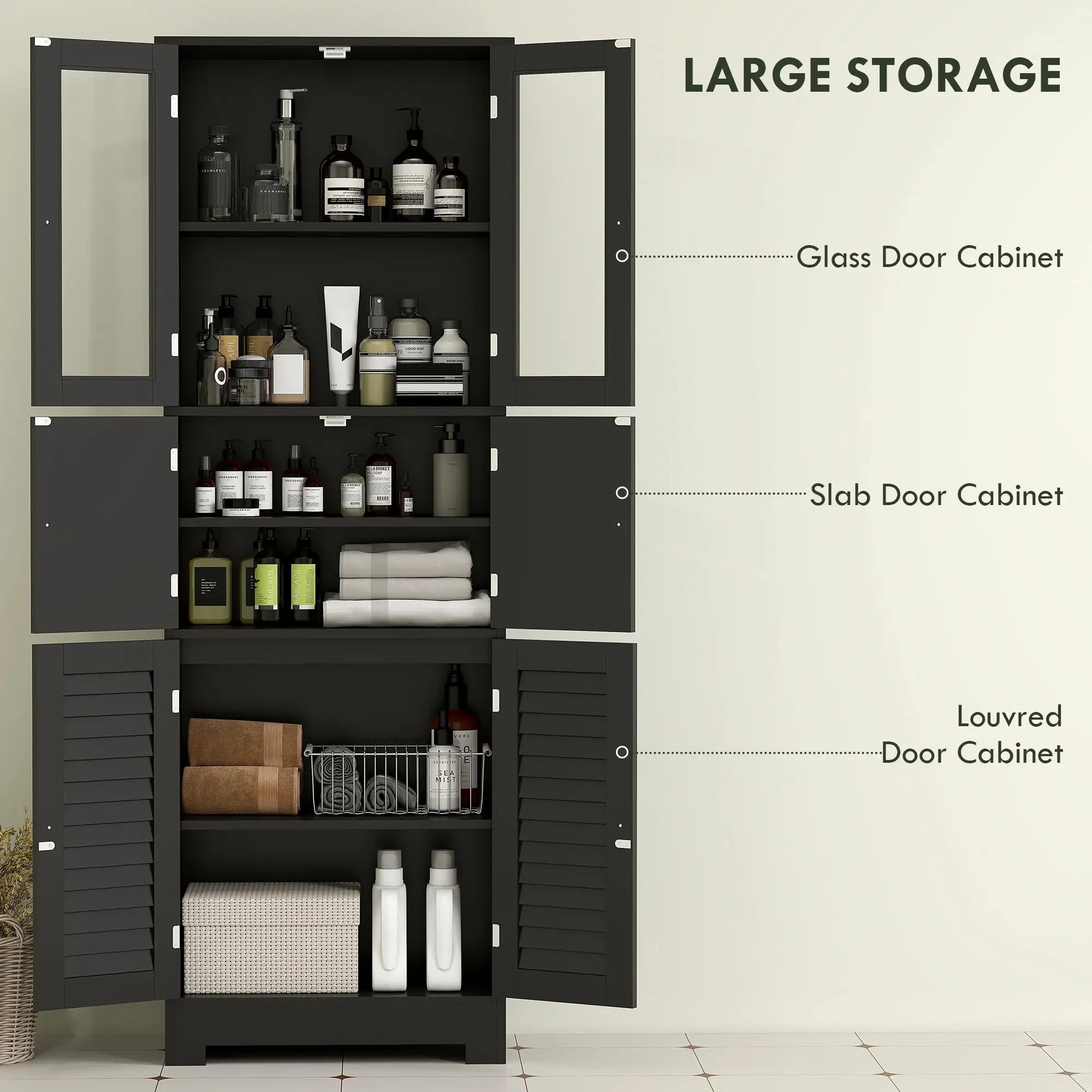 Freestanding Bathroom Cabinet, Glass Louvred Doors, Tall, Black Bathroom Cabinets at Gallery Canada