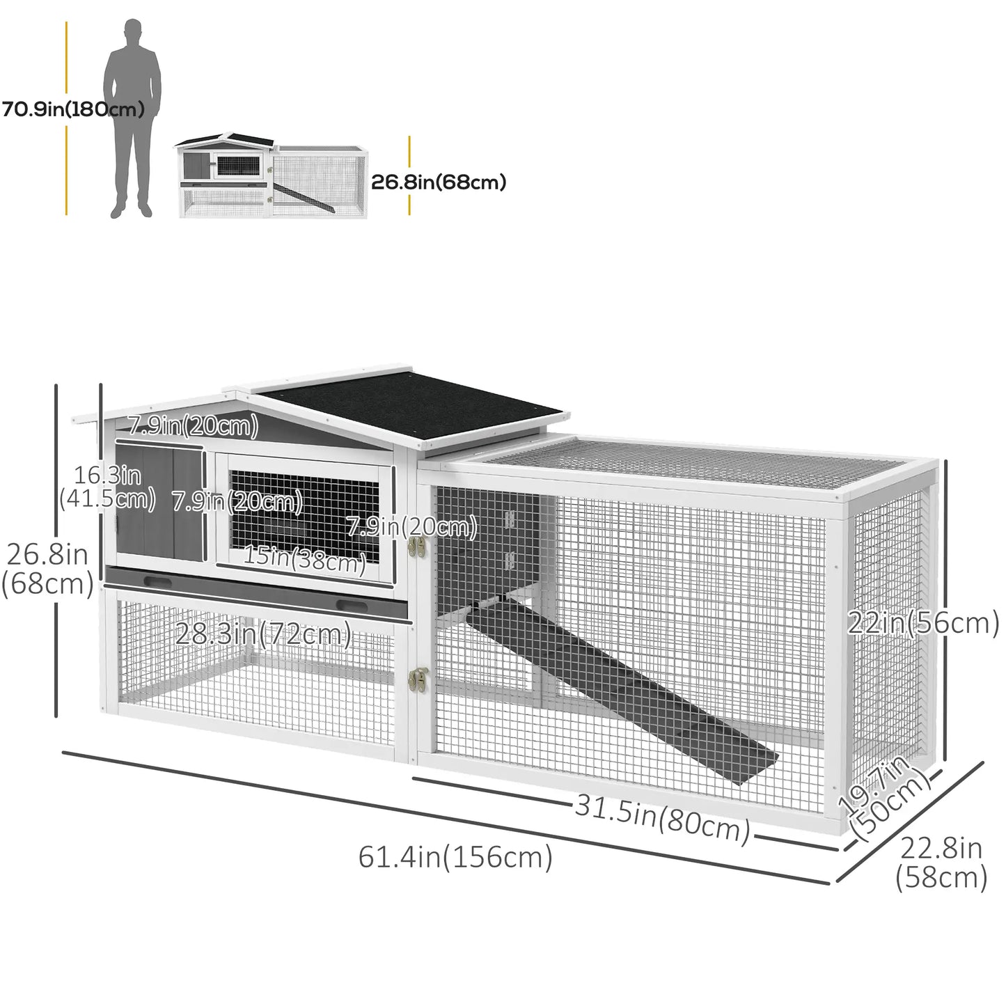 Wooden Rabbit Hutch, Guinea Pig House, Removable Tray, Openable Roof, Grey Rabbit Hutch at Gallery Canada