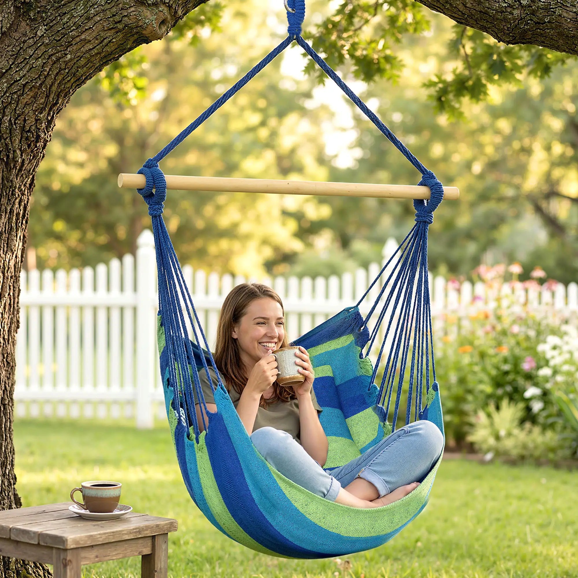 Hanging Macrame Chair, Two Soft Seat Cushions, Blue Green Hanging Porch Swings at Gallery Canada