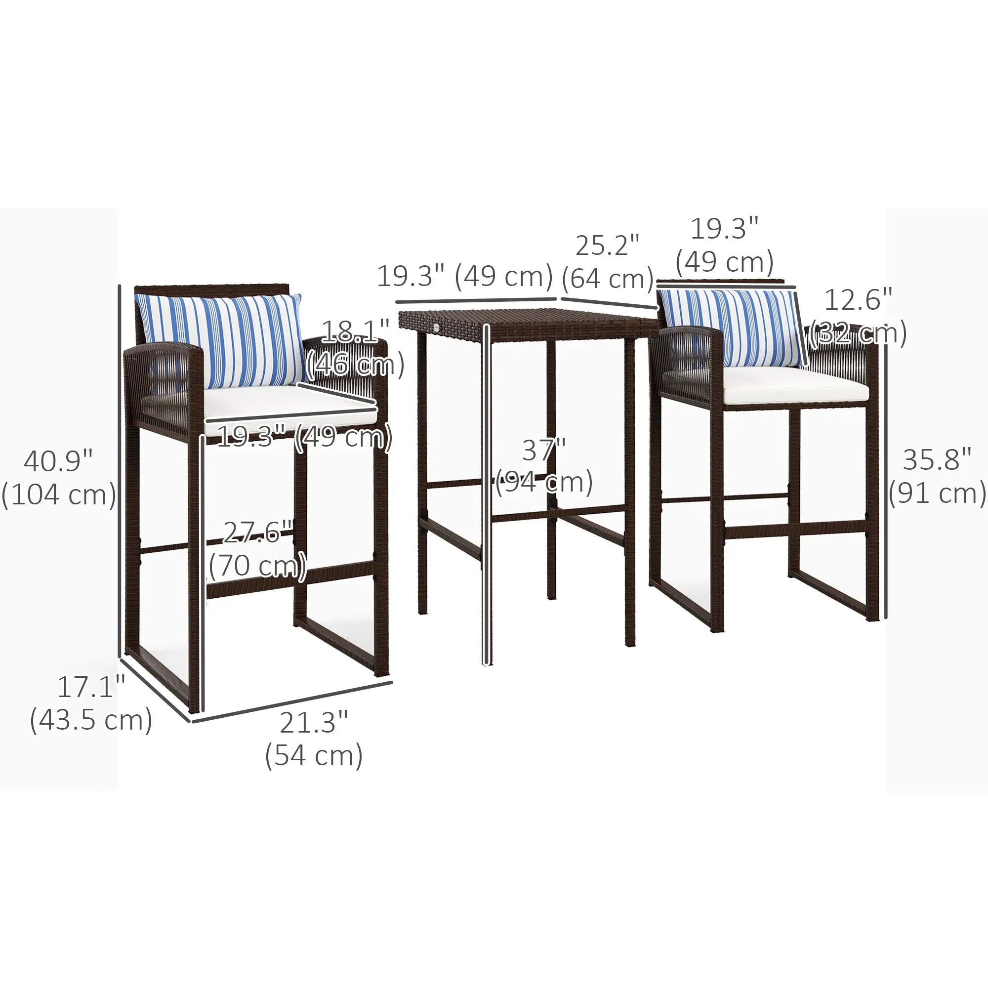 3-Piece Wicker Bar Set, Patio Table with Cushions, 25.2