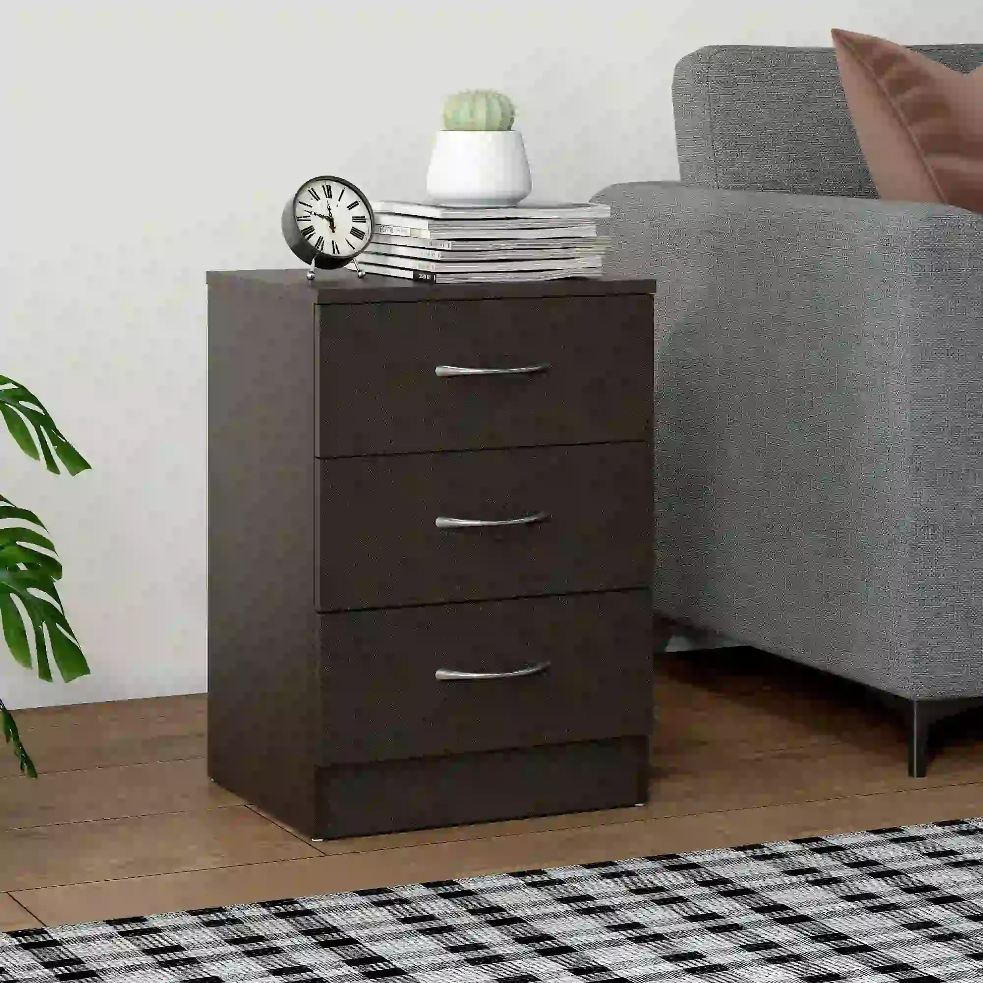 Modern Night Stand, 3 Drawers, Metal Rail, Dark Brown Bedside Tables at Gallery Canada