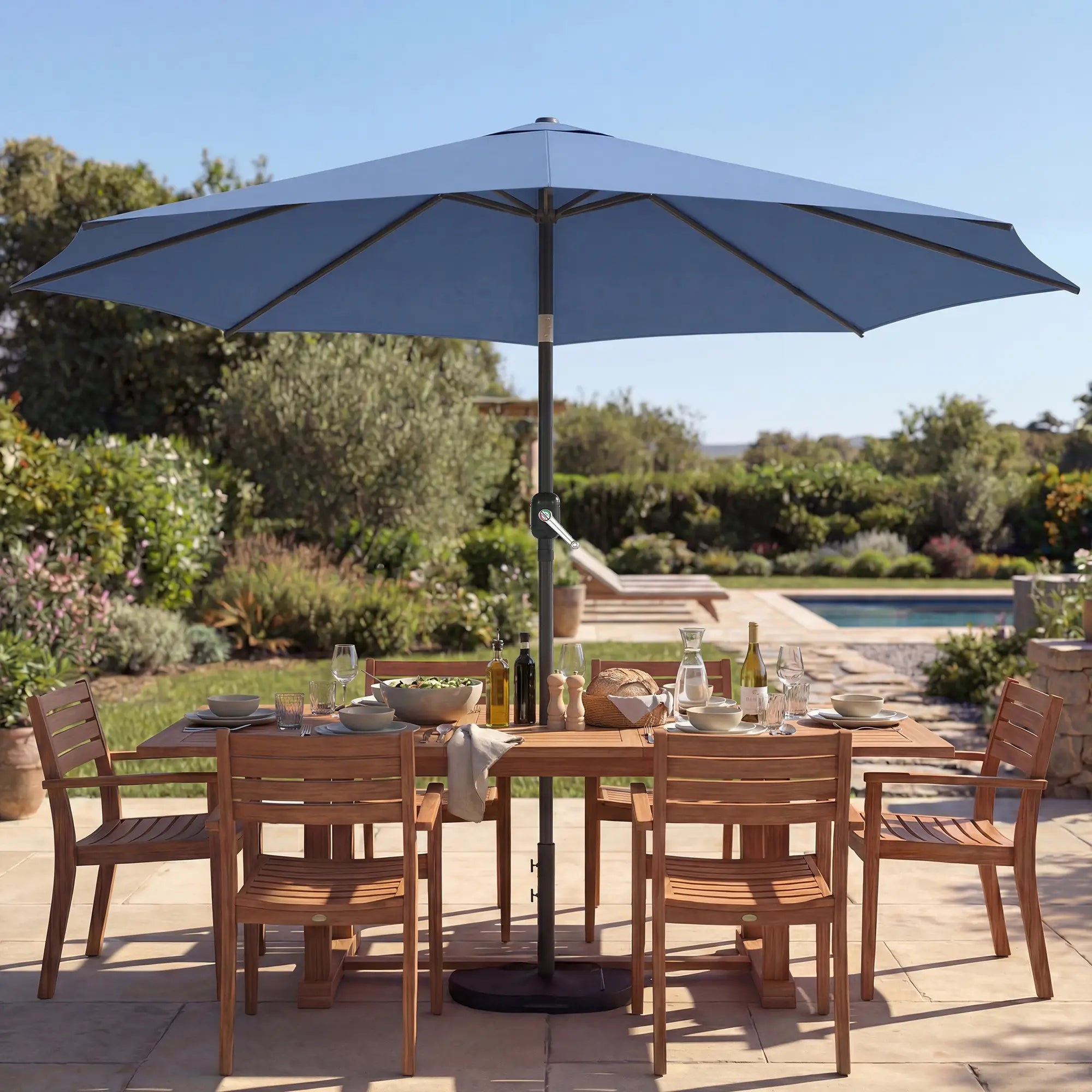 10' x 10' Round Market Umbrella, With Base, Sandbag, Crank Handle, Tilt, Blue Sun Umbrellas at Gallery Canada