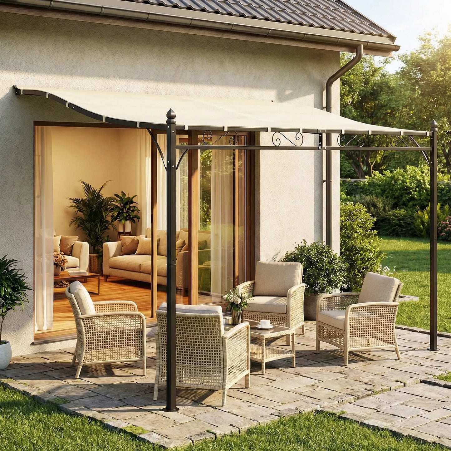 11.5' x 8.2' Outdoor Pergola, Wall Mounted Metal Frame, UPF30+ Garden Gazebo Pergolas at Gallery Canada