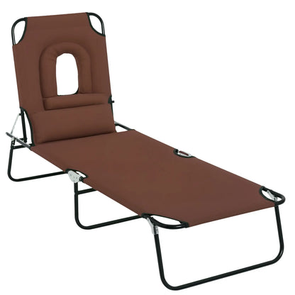 Adjustable Outdoor Lounge Chair, Folding Chaise with Face Hole, Brown