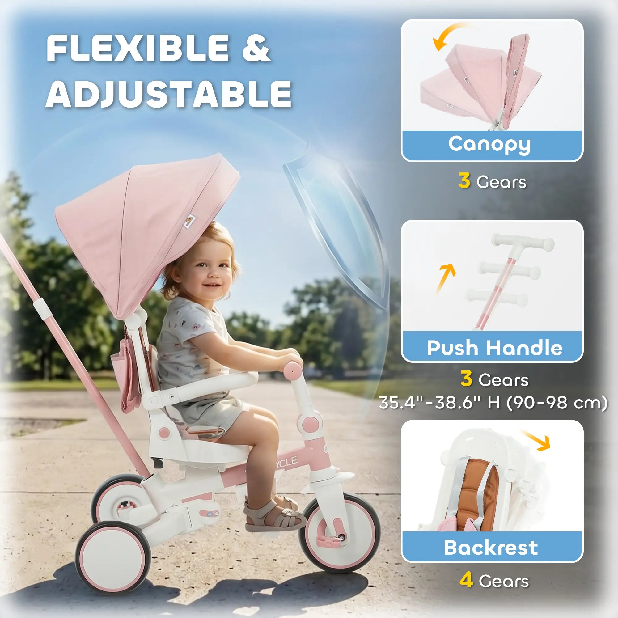 7 in 1 Toddler Tricycle, Safety Harness, Adjustable Parent Handle, Pink Tricycles for Kids at Gallery Canada
