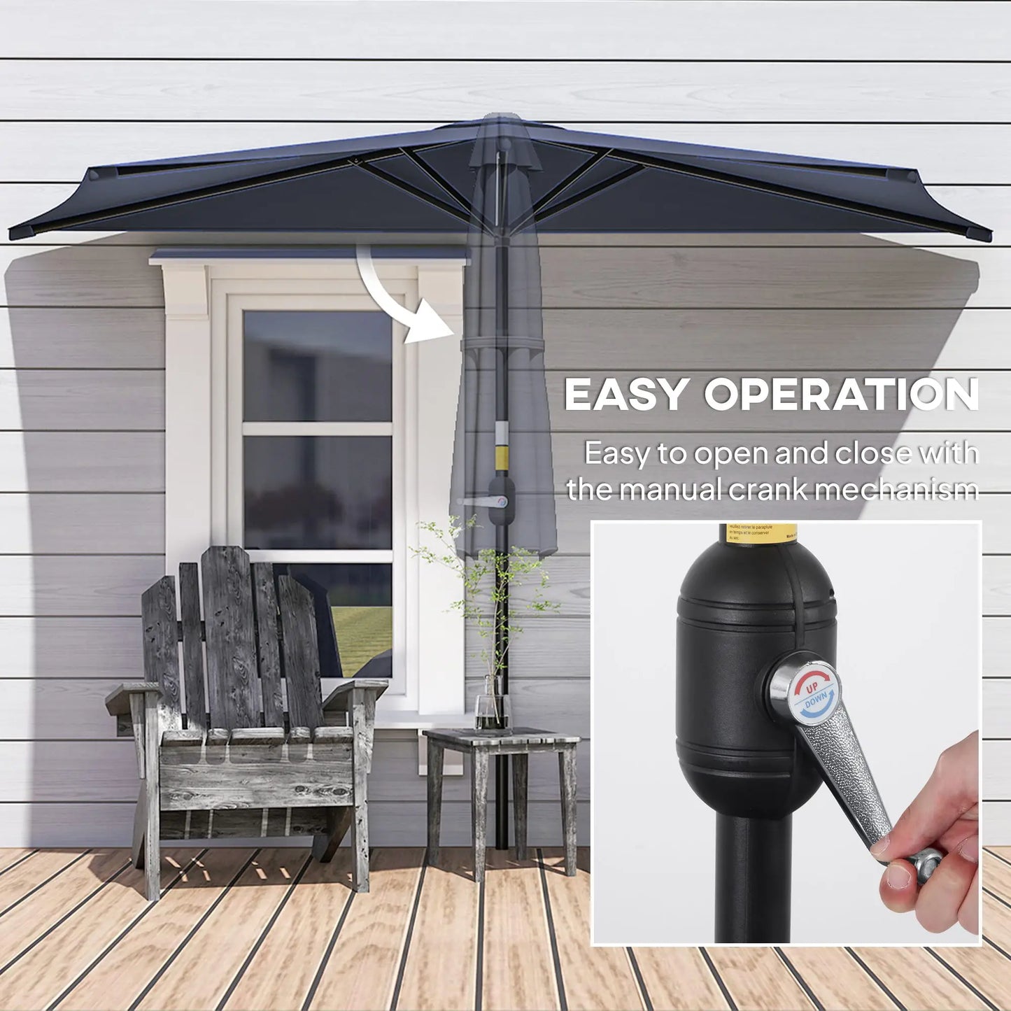 9.8ft Half Umbrella, Semi Round Patio Parasol, Crank Handle, Top Vent, Dark Blue Half Round Umbrellas at Gallery Canada
