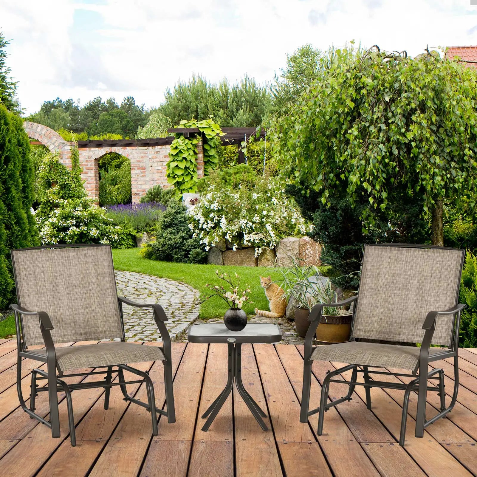 3 Piece Patio Glider Set, Outdoor Gliders, Mesh Seat, Glass Table, Mixed Brown, Brown Outdoor Gliders at Gallery Canada