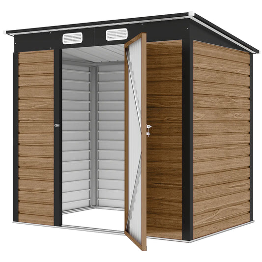 6' x 4' Galvanized Metal Garden Storage Shed, Double Doors, 2 Vents, Teak