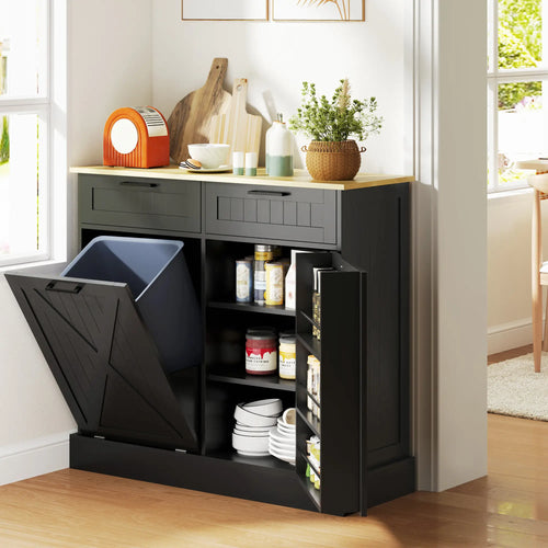 10 Gallon Hidden Garbage Bin Cabinet, Tilt Out Trash, 2 Drawers, Black