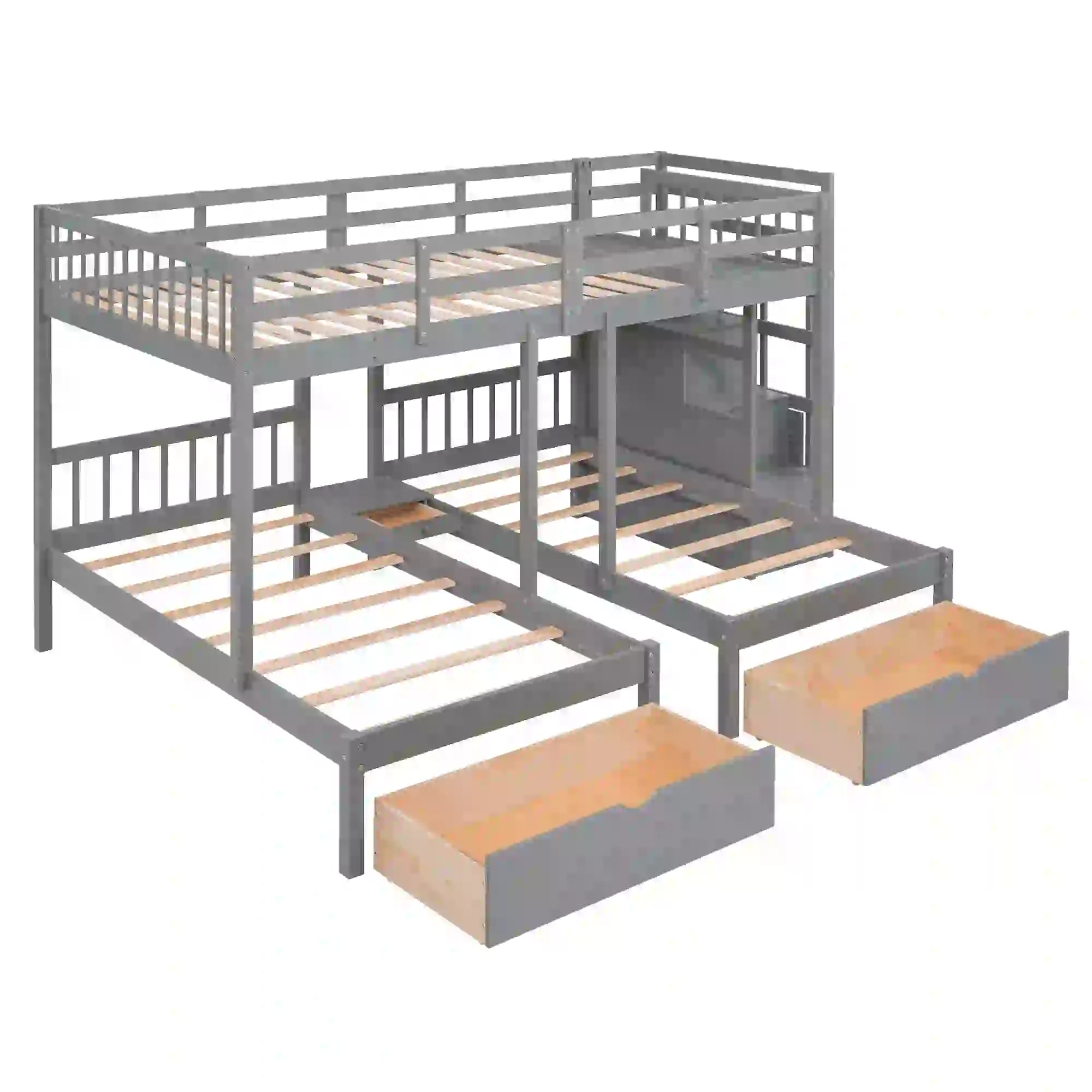 Twin Over Full Bunk Bed with Drawers, Guardrails, Pine Frame, 115