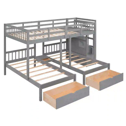 Twin Over Full Bunk Bed with Drawers, Guardrails, Pine Frame, 115" L x 76" W x 64.5" H, Grey Bed Frames at Gallery Canada