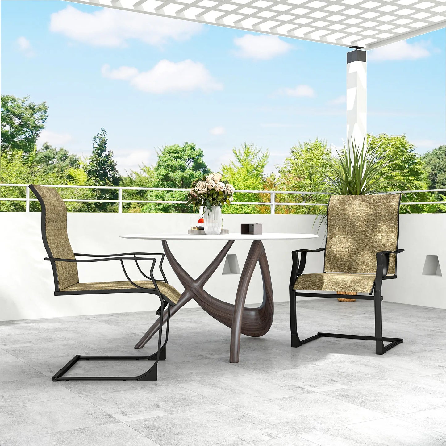Spring Motion Patio Chairs Set Of 2, Curved High Backrest, Armrest, All Weather Fabric, Metal Frame Outdoor Dining Sets at Gallery Canada