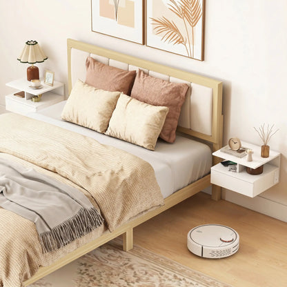 Floating Nightstand Set of 2, Wall Mounted Bedside Table with with Power Outlets, Drawer and Shelf, White Bedside Tables at Gallery Canada