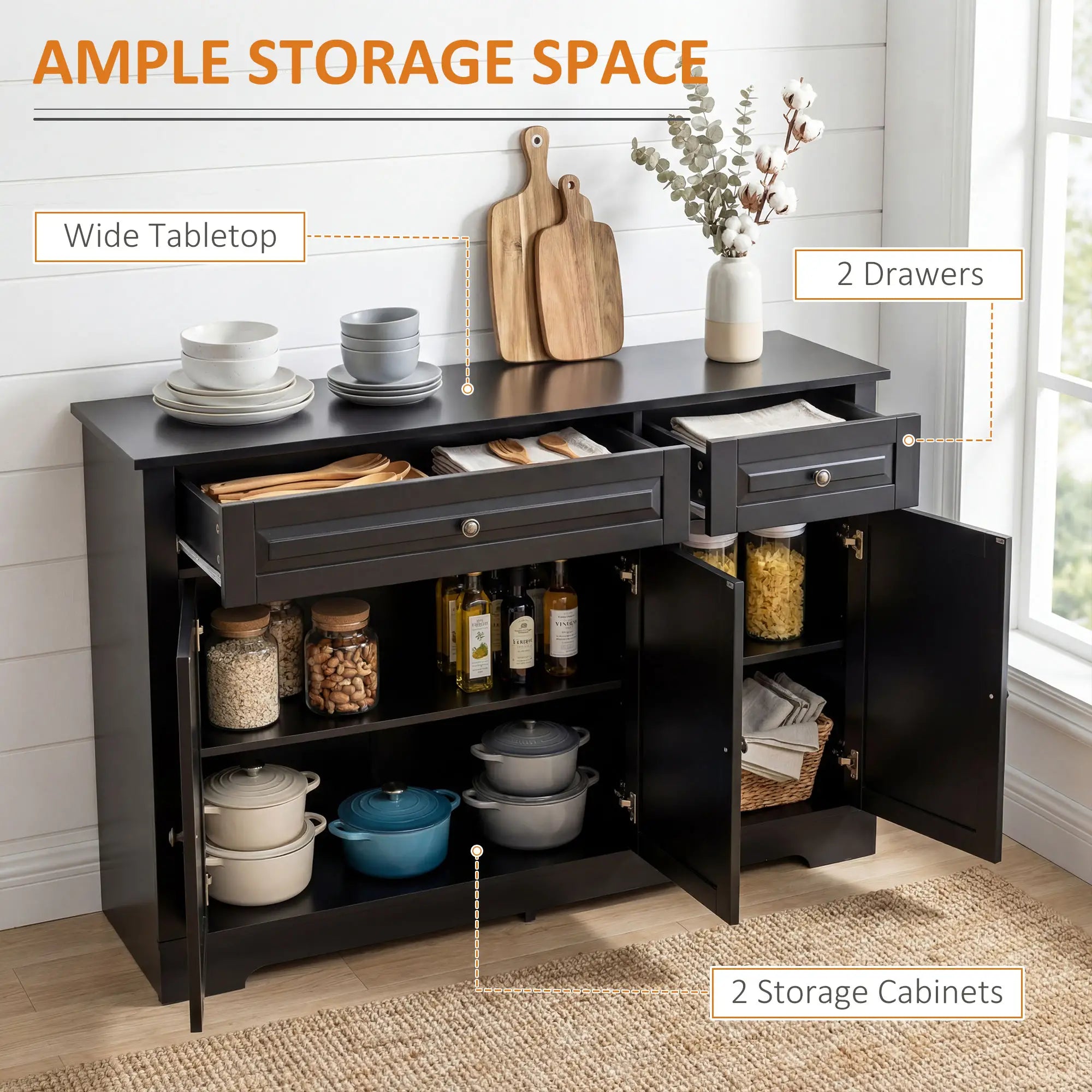 Modern Sideboard Cabinet, 2 Drawers, Adjustable Shelves, Black Bar Cabinets at Gallery Canada