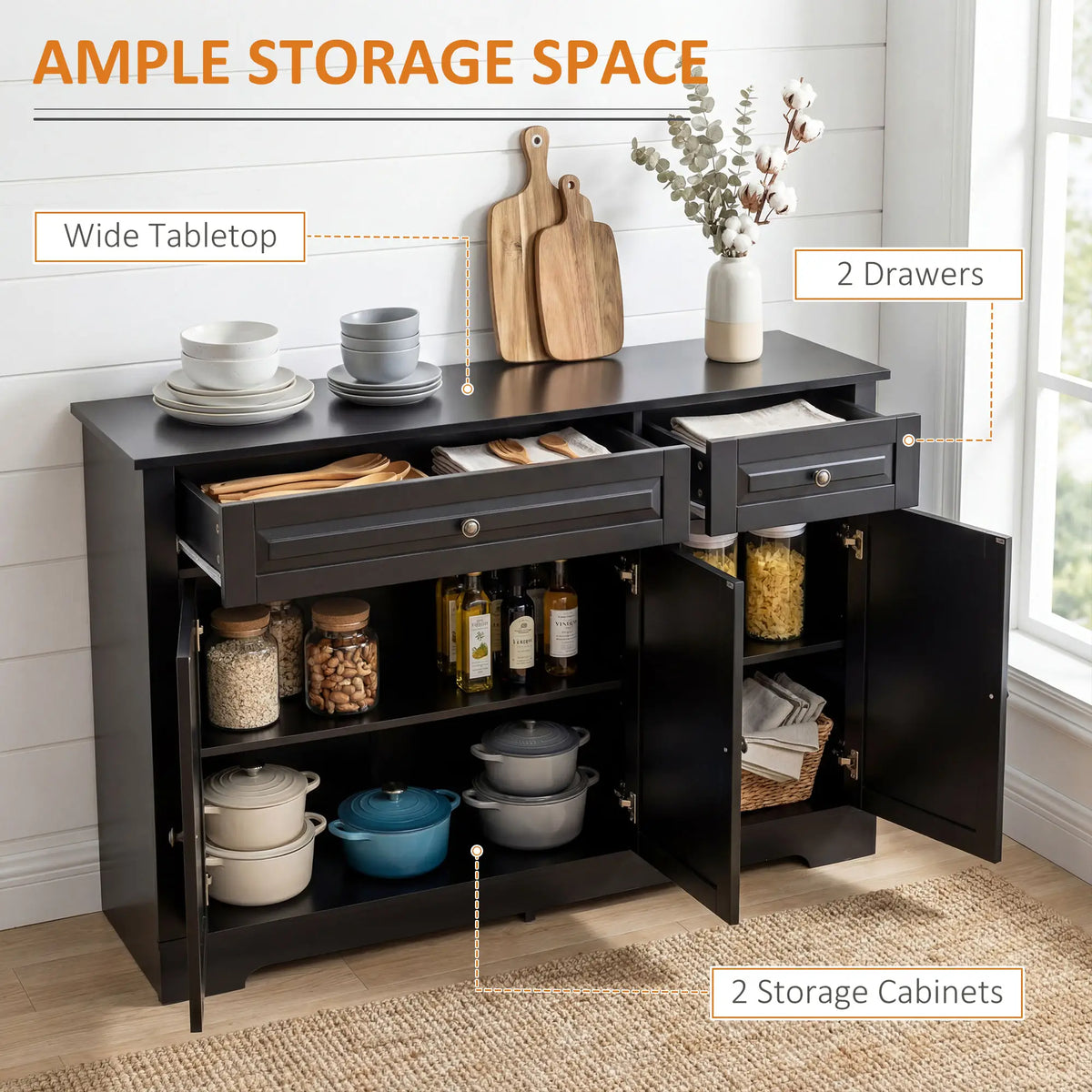 Modern Sideboard Cabinet, 2 Drawers, Adjustable Shelves, Black Bar Cabinets at Gallery Canada