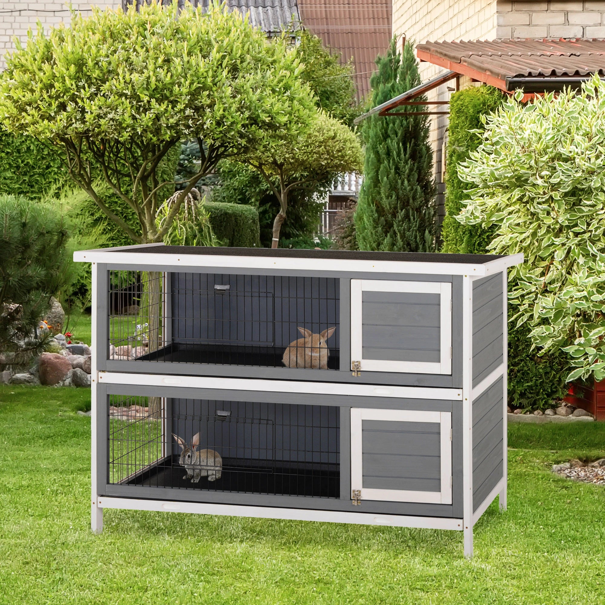 2 Tier Wooden Rabbit Hutch Bunny Pet House Wooden Coop Run, Grey Rabbit Hutch at Gallery Canada