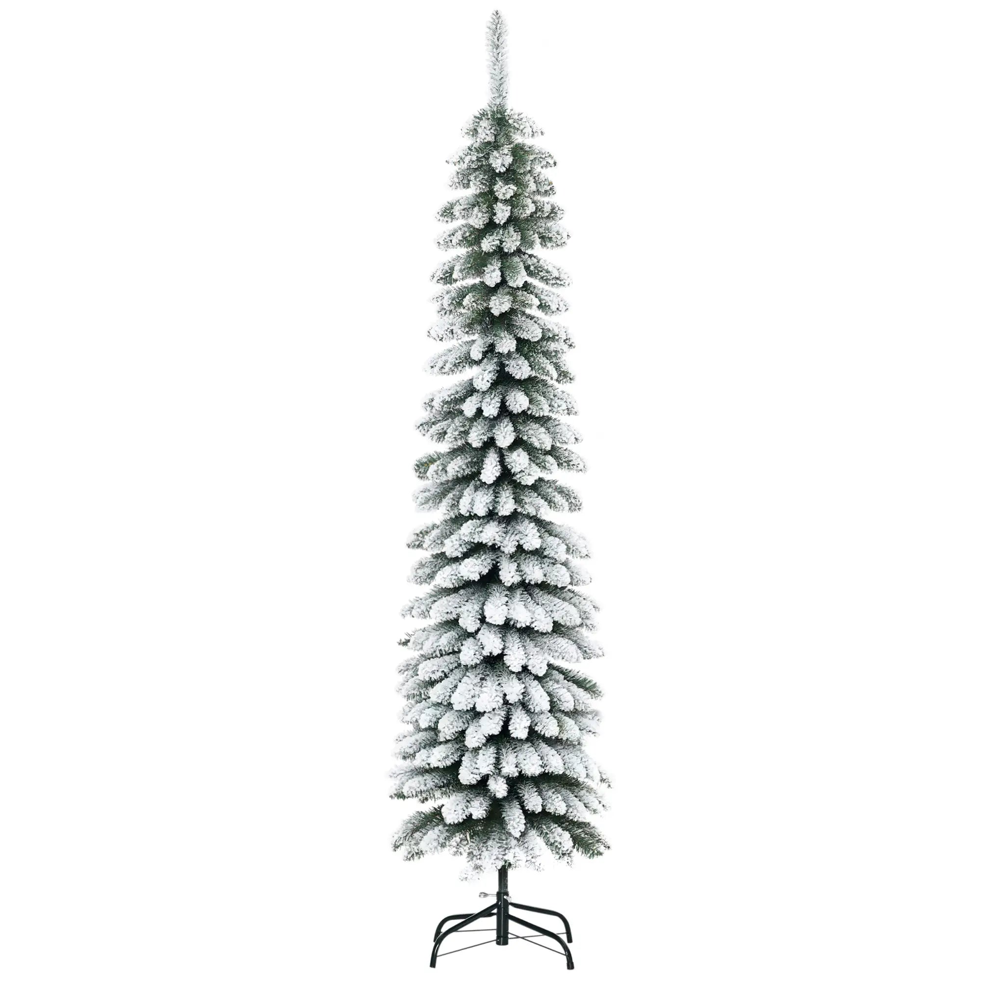 6 Ft Snow-Flocked Artificial Christmas Tree, Slim Pencil, Metal Base, Green Artificial Christmas Trees Green at Gallery Canada