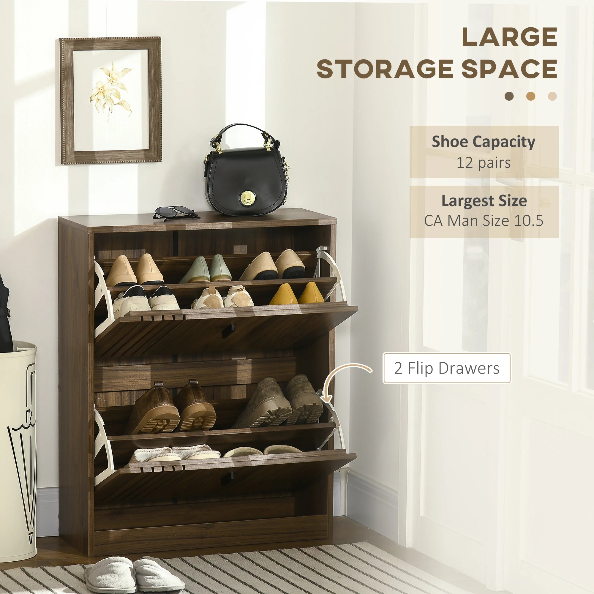 Shoe Storage Cabinet, 12 Pairs, 2 Flip Drawers, Adjustable Shelves, Walnut Shoe Storage Cabinets & Racks at Gallery Canada