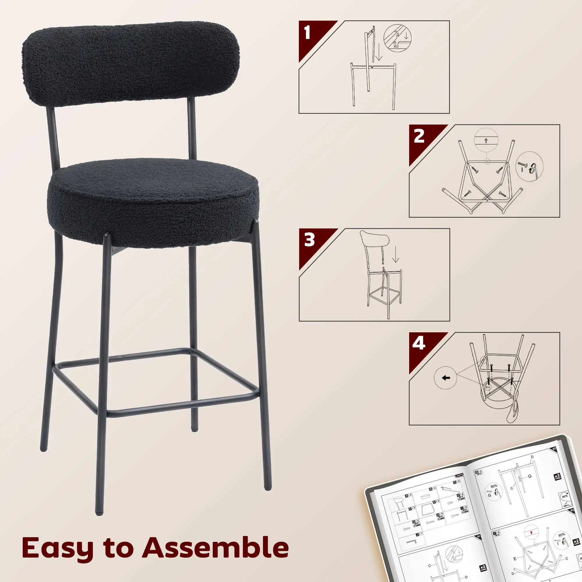 Set of 2 Upholstered Bar Stools with Backrest, Footrest, Black Bar Stools at Gallery Canada
