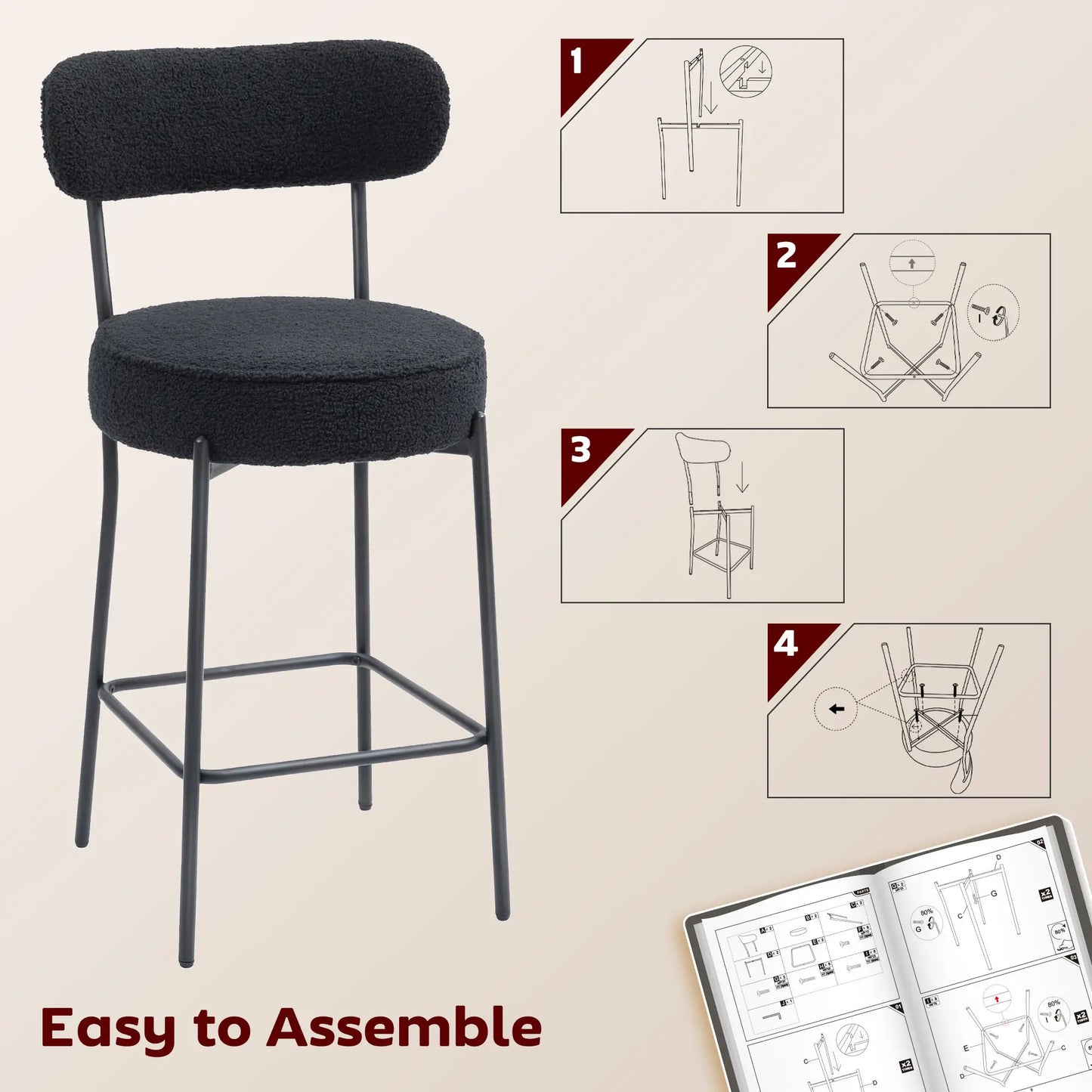 Set of 2 Upholstered Bar Stools with Backrest, Footrest, Black Bar Stools at Gallery Canada