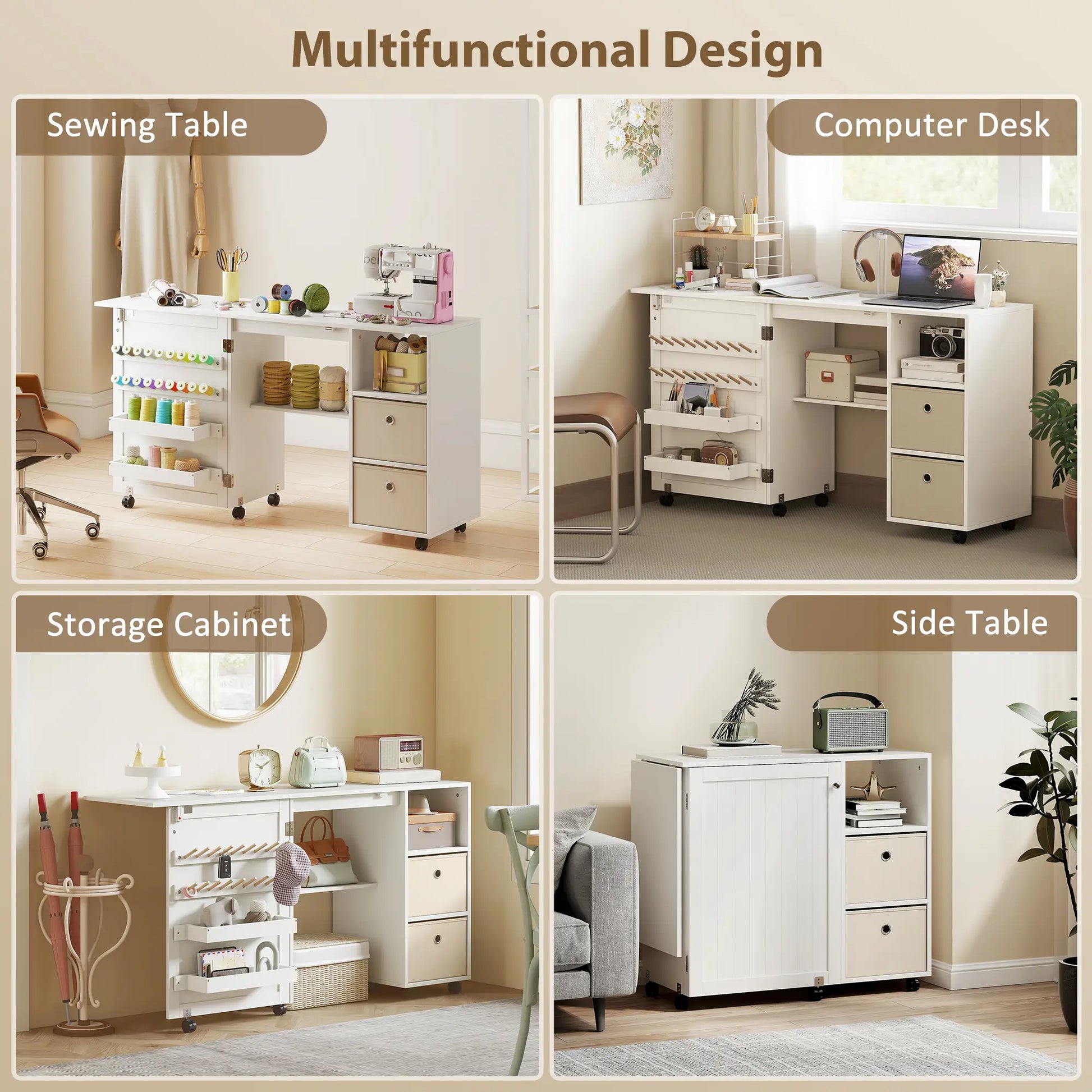 Rolling Sewing Machine Table, Folding Craft Table with Drawers, White Sewing Cabinets at Gallery Canada