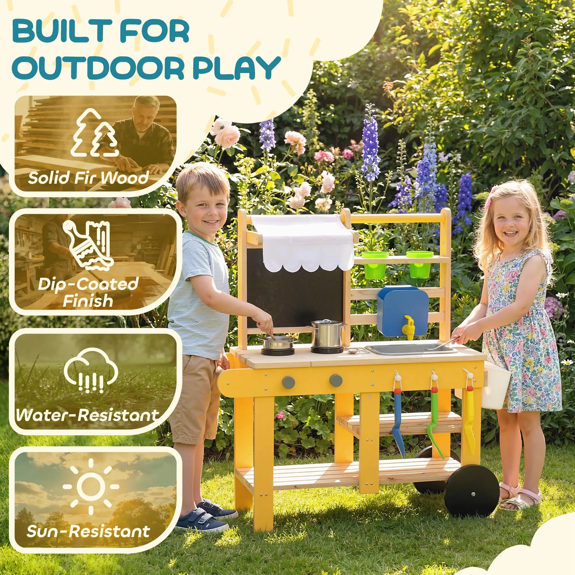 Kids Mud Kitchen With Wheels, Wooden Play Kitchen With Sink, Storage, Planting Pots, Blackboard, Yellow Play Kitchen at Gallery Canada