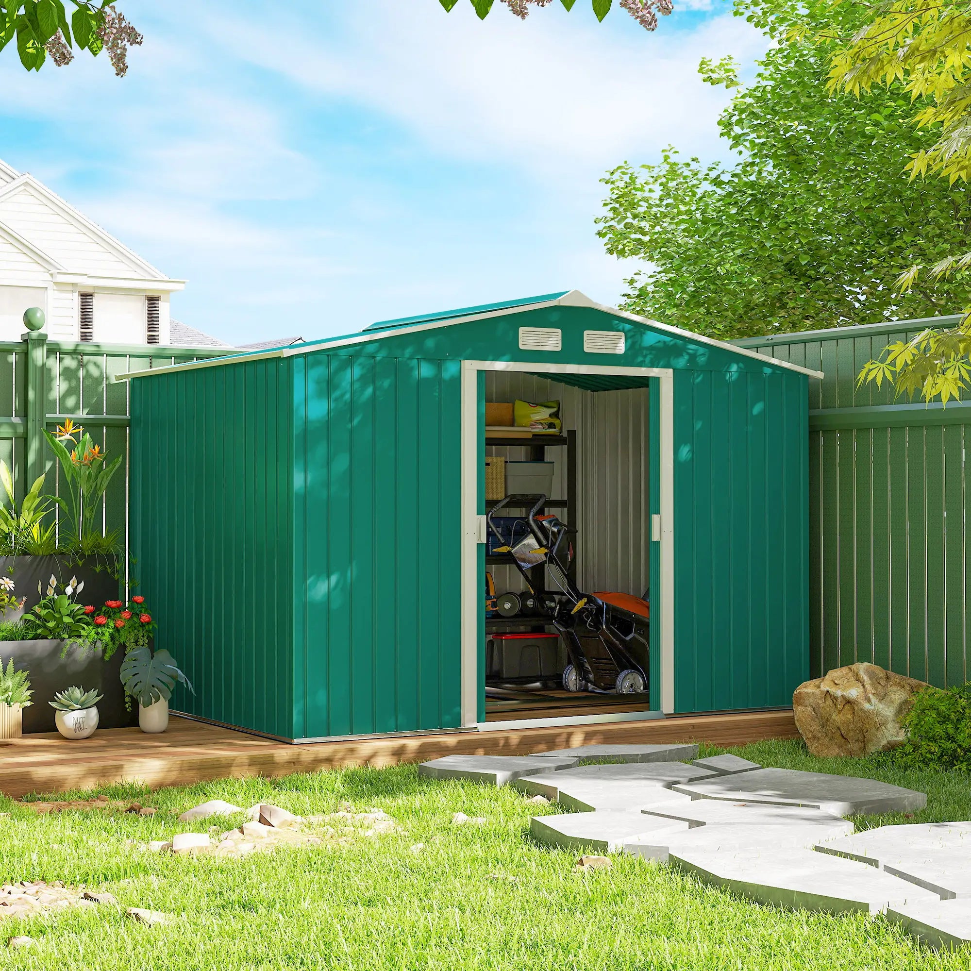 9.1' x 6.4' x 6.3' Garden Storage Shed, Foundation Kit, Metal Tool House, Double Doors, Green Sheds at Gallery Canada