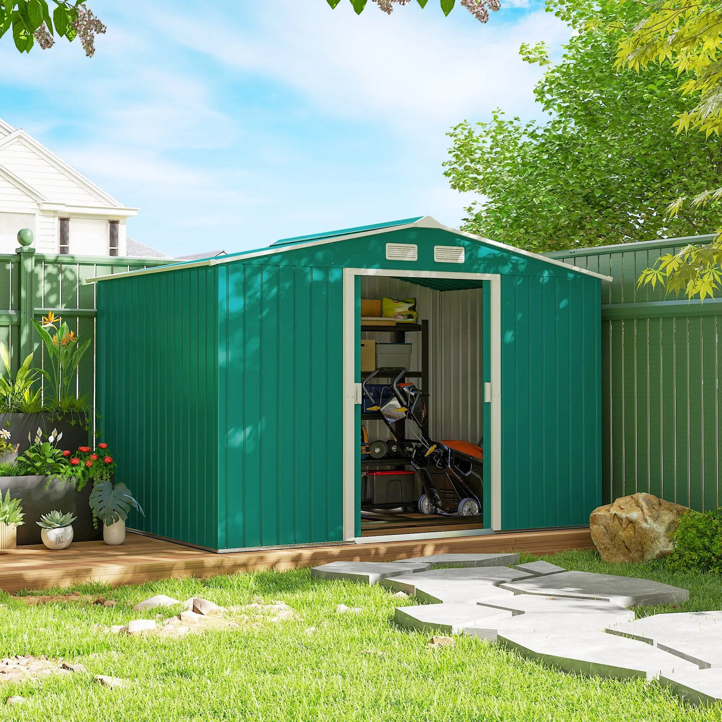 9.1' x 6.4' x 6.3' Garden Storage Shed, Foundation Kit, Metal Tool House, Double Doors, Green Sheds at Gallery Canada