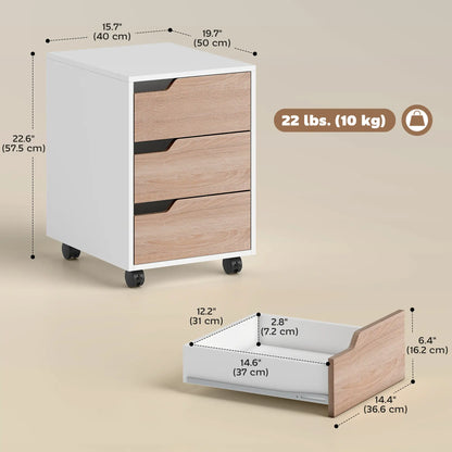3 Drawer File Cabinet, Mobile Vertical Filing with Wheels, Oak Office Cabinets & Cupboards at Gallery Canada