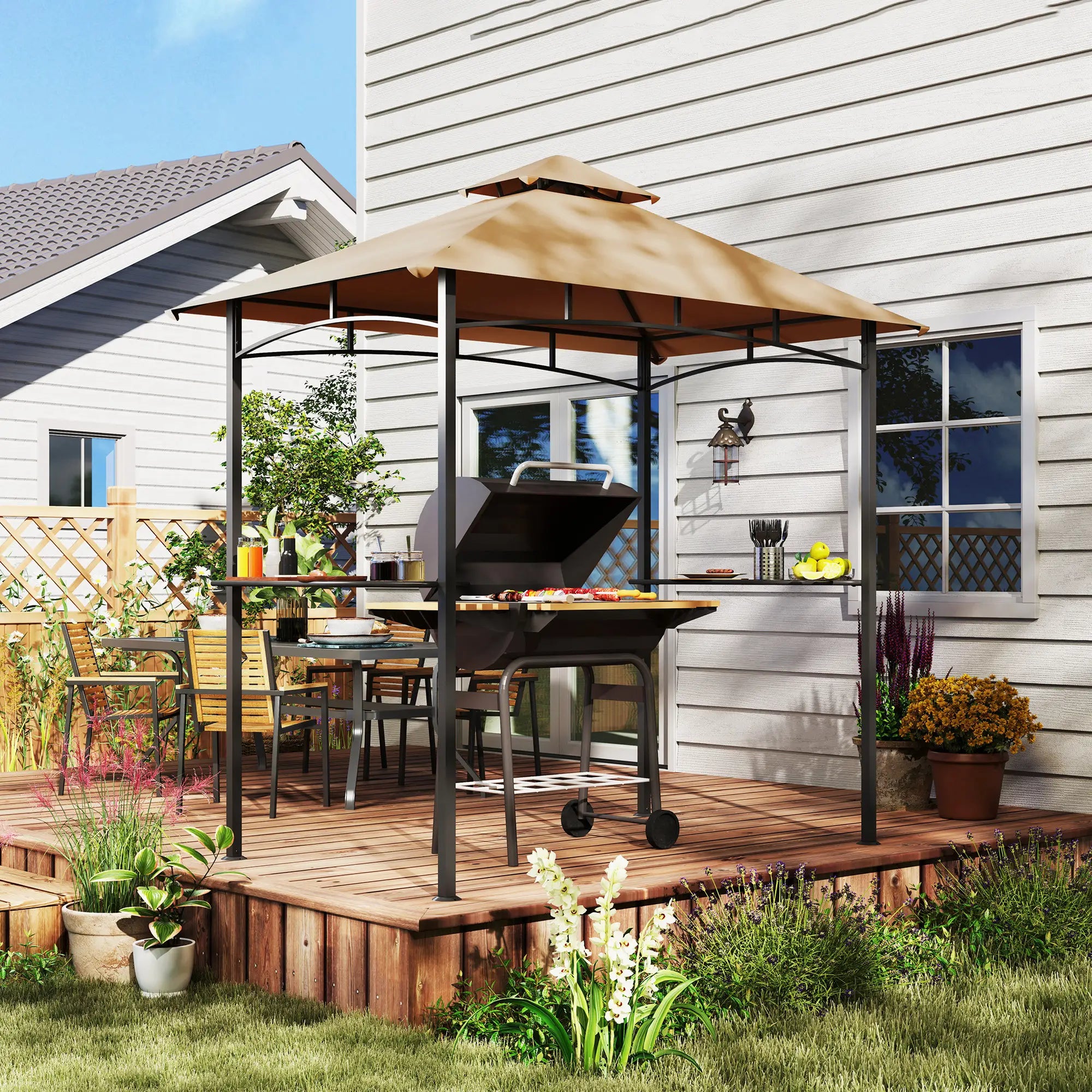 8' x 5' BBQ Grill Gazebo Tent, Double Tiered Canopy, Outdoor Sun Shade, Khaki BBQ Grill Gazebos at Gallery Canada