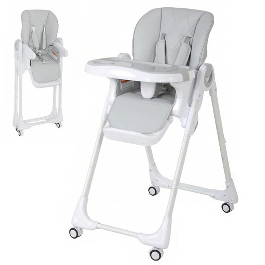 High Chair with Wheels, Double Tray, Foldable Baby Seat with Adjustable Seat Height, Backrest, Footrest and Tray, Grey Kids Chairs & Seating Light Grey at Gallery Canada