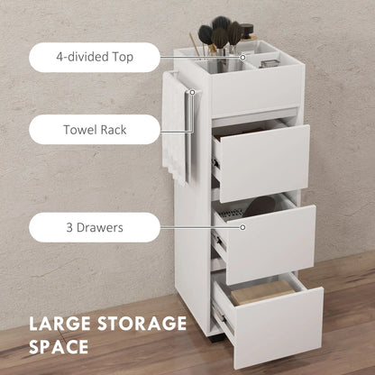 Slim Bathroom Cabinet, 4 Compartments, 3 Drawers, Towel Rack, White