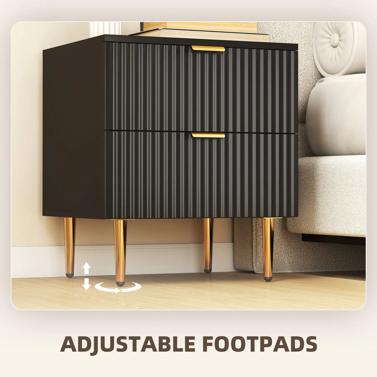 Modern Nightstand Set of 2, 2 Drawers, Metal Legs, Black Bedside Tables at Gallery Canada