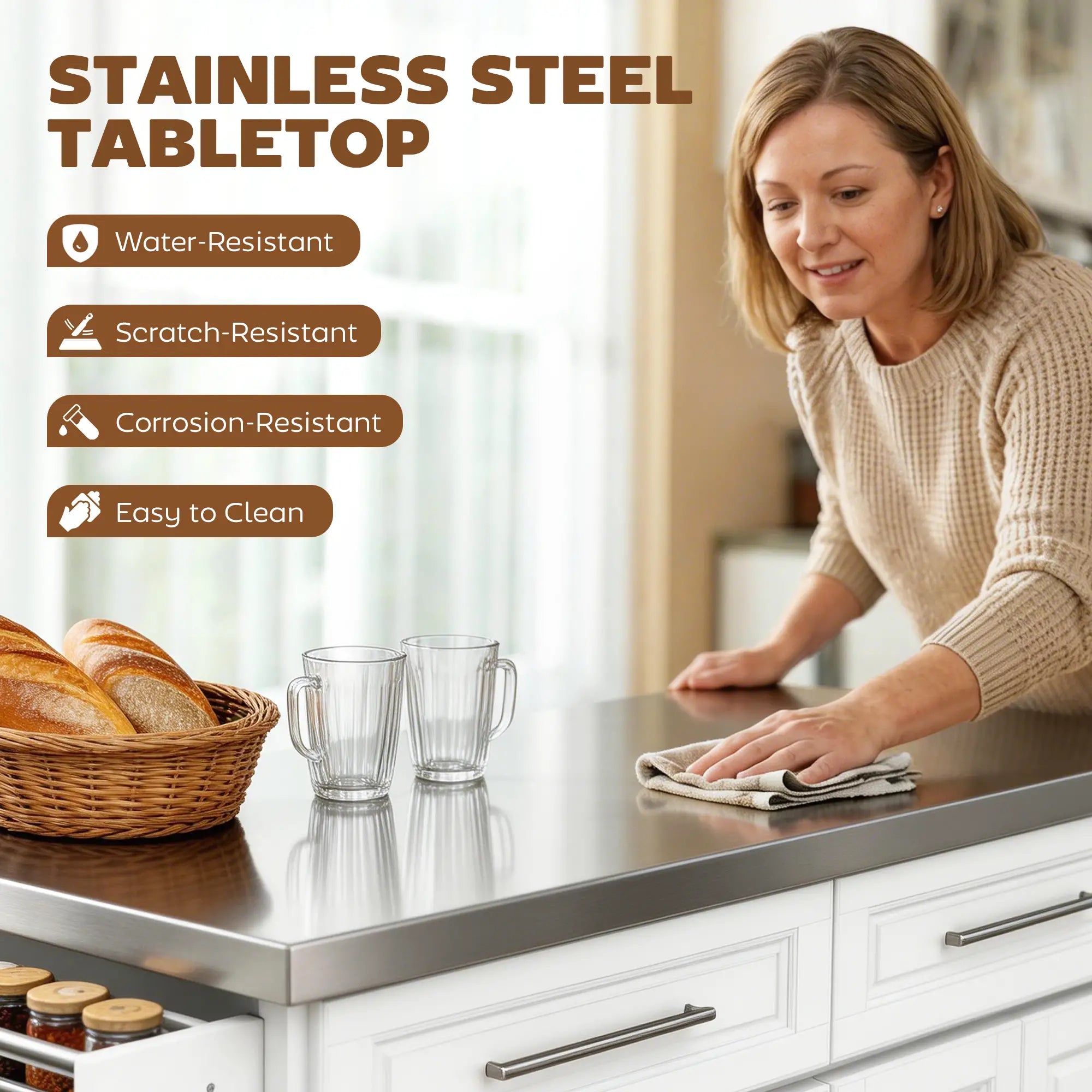 Rolling Kitchen Island with Storage, Stainless Steel Top, Drawers, Cabinets Kitchen Islands & Kitchen Carts at Gallery Canada