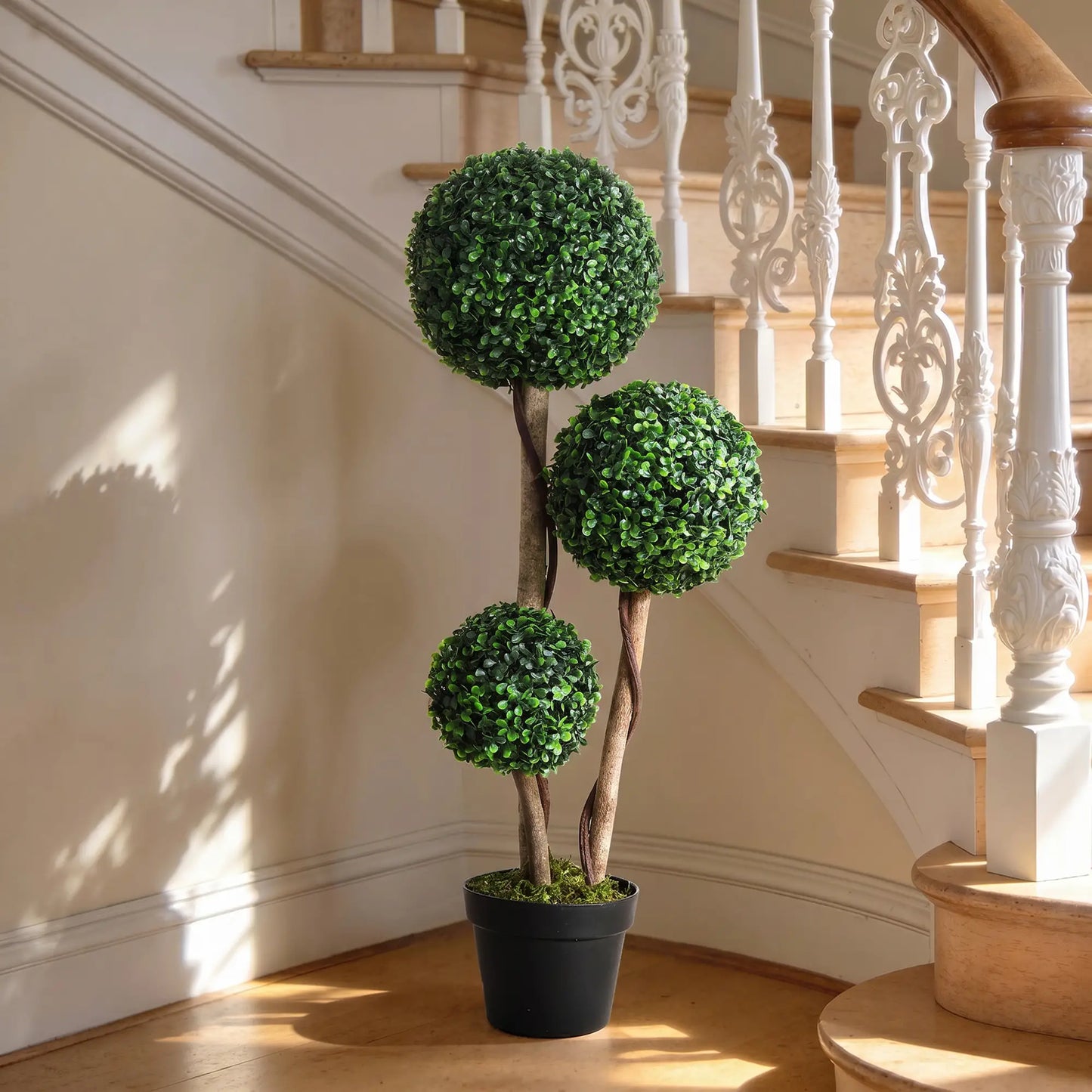35 Inch Artificial Boxwood Topiary Tree, Triple Ball, Dark Green Artificial Trees at Gallery Canada