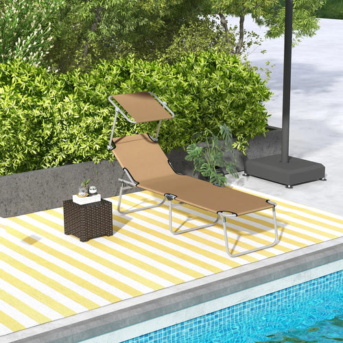 Adjustable Folding Chaise Lounge, Outdoor Chair With Sun Shade, Brown